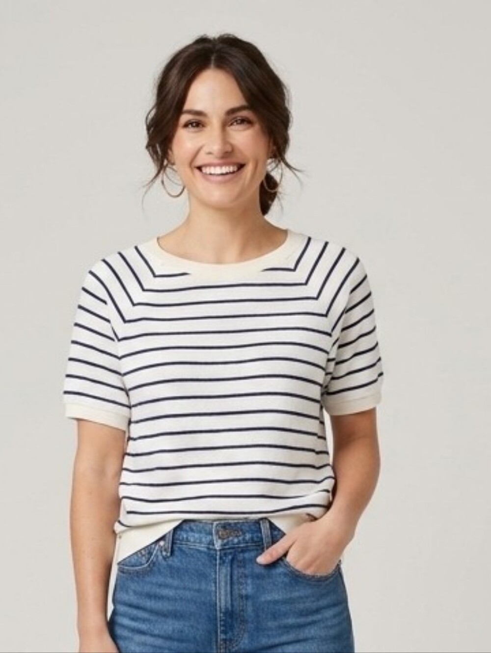 J. Crew Cream and Navy Striped Short-Sleeve Scoop Neck Sweater